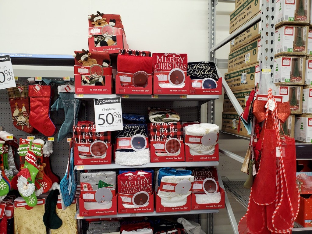 Holiday Time Tree Skirts on shelves at Walmart