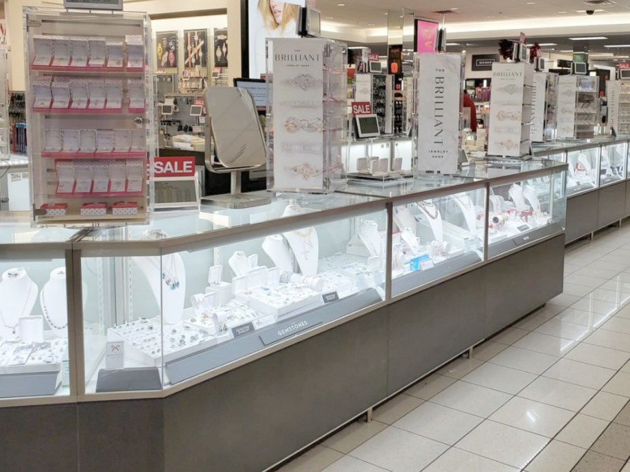 In-store display case of diamond jewelry