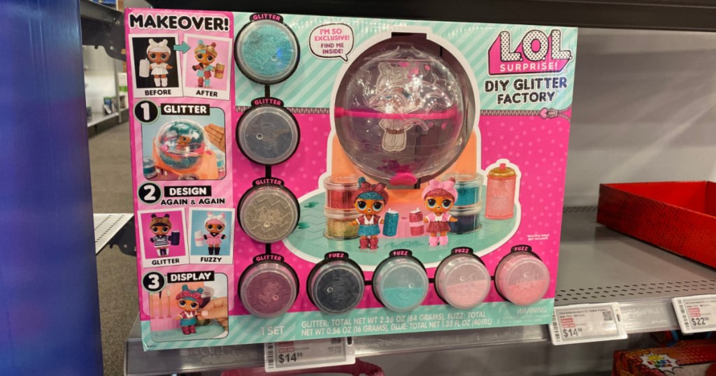 lol surprise diy glitter factory box on shelf at store