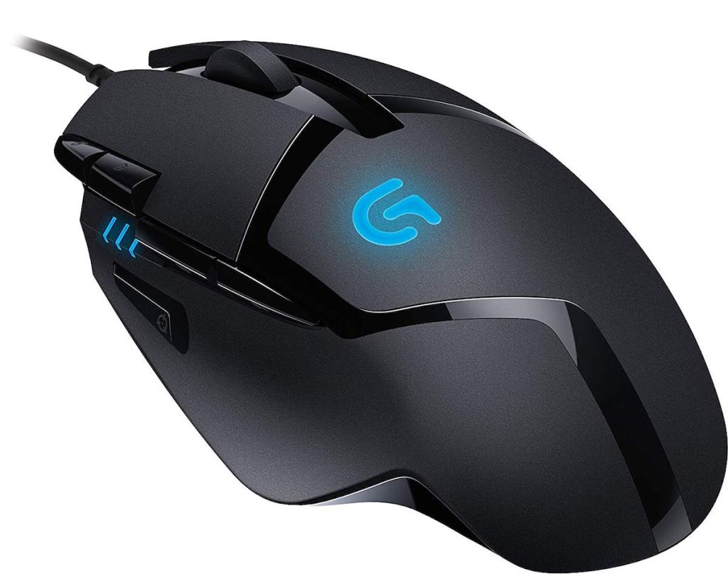 black and glowing blue Logitech G402 Hyperion Fury FPS Gaming Mouse