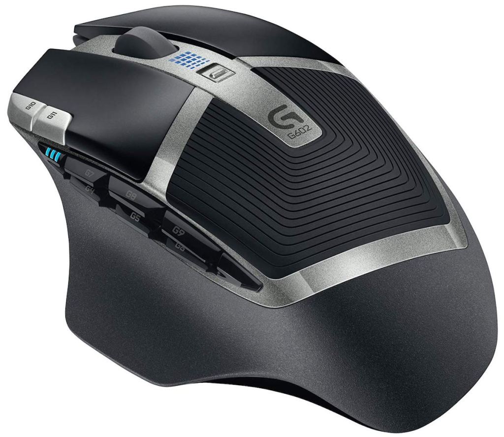 black and silver Logitech G602 Lag-Free Wireless Gaming Mouse on white background