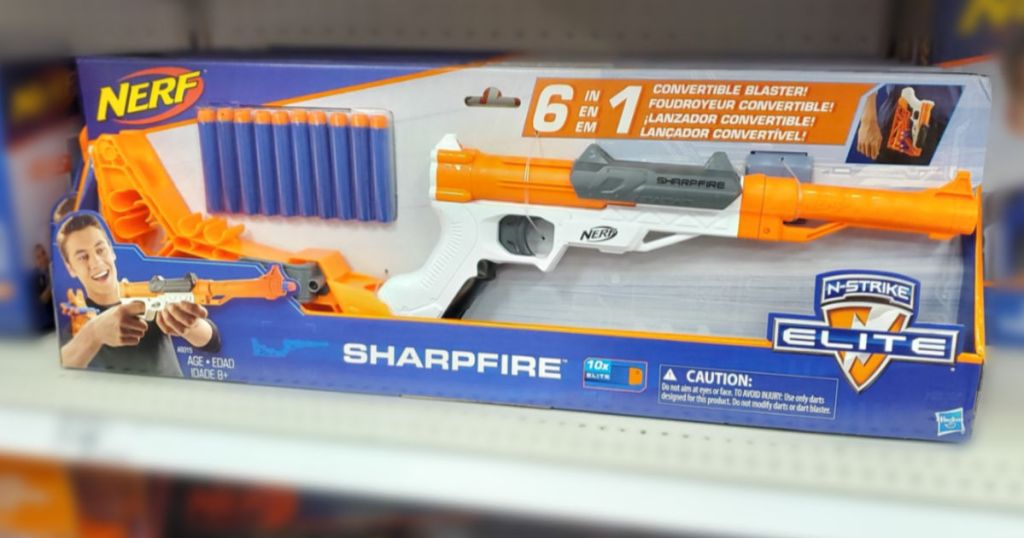 Nerf Sharpfire gun on shelf