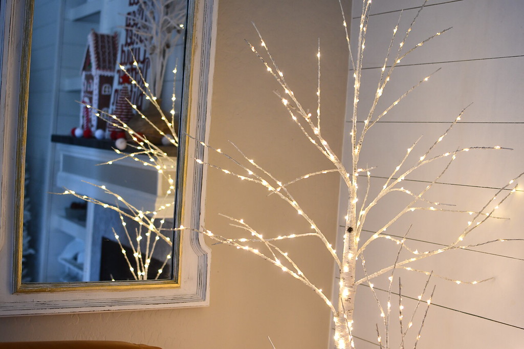 Philips 4' Pre-lit Artificial Birch Twig Christmas Trees reflecting off a mirror