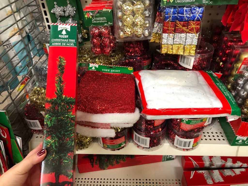 Tree skirt on Dollar Tree shelf