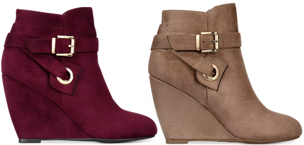 Two styles of wedge style booties in red and taupe