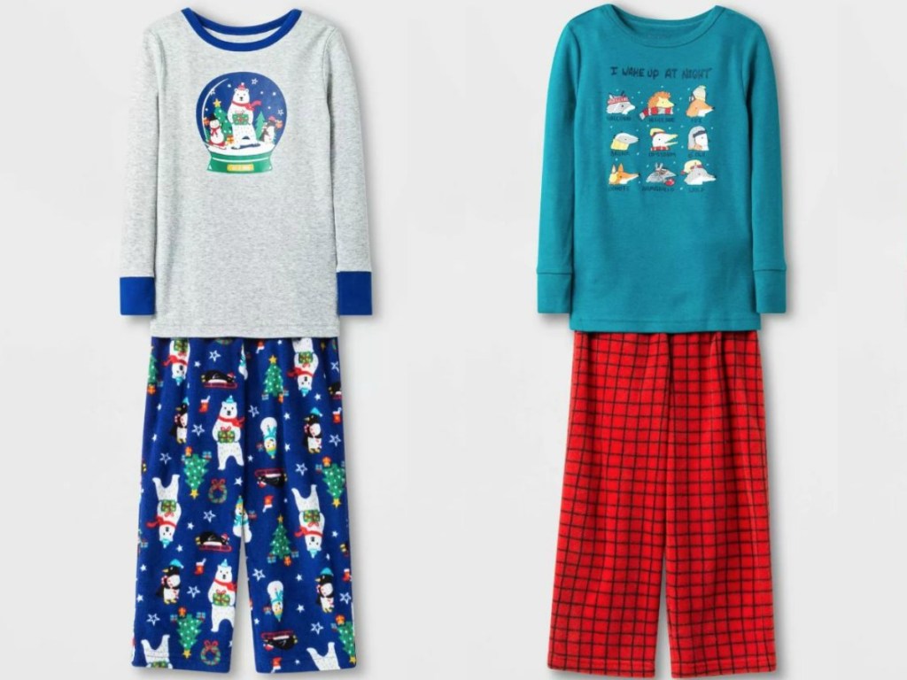 two pair of christmas themed pajamas