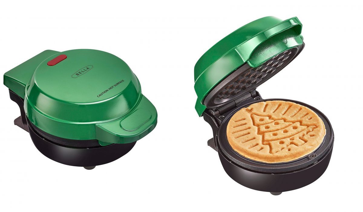 green waffle maker and waffle with Christmas tree design