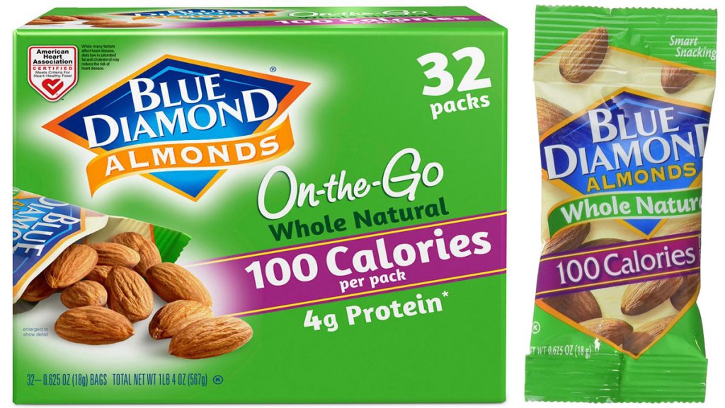 Blue Diamond Almonds Whole Natural Raw Almonds 100 Calorie On The Go Bags 32-Count Box