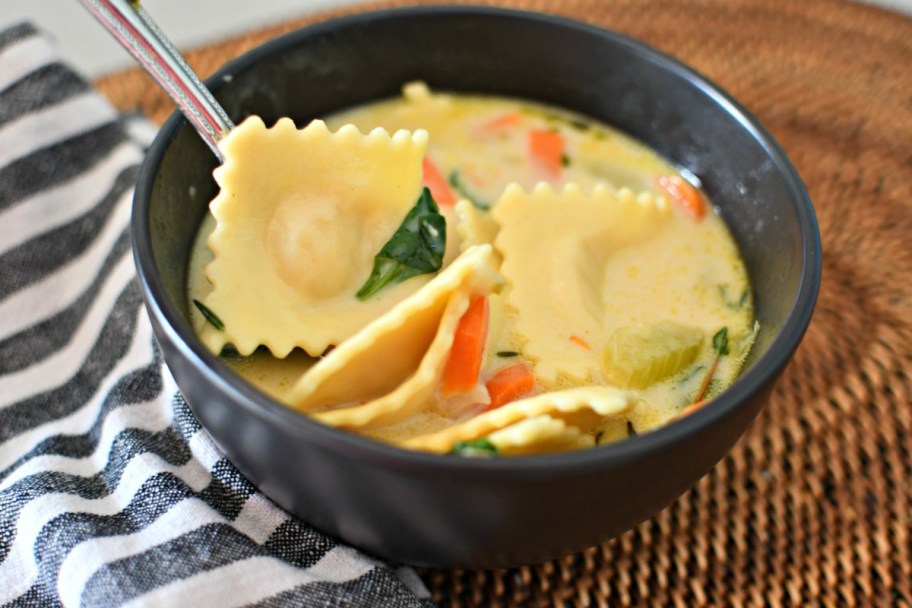 bowl of creamy cheese ravioli soup