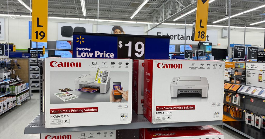 Canon PIXMA TS3122 Wireless All-in-One Multifunction Inkjet Printer on a walmart shelf for $19