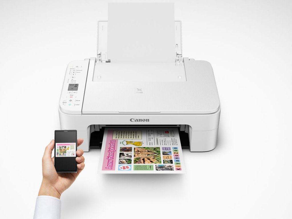 stock image of hand holding remote and Canon PIXMA TS3122 Wireless All-in-One Multifunction Inkjet Printer