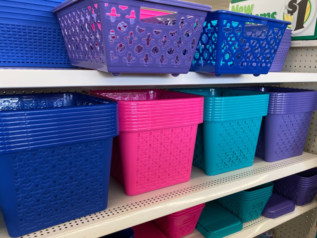 colorful storage bins at Dollar Tree