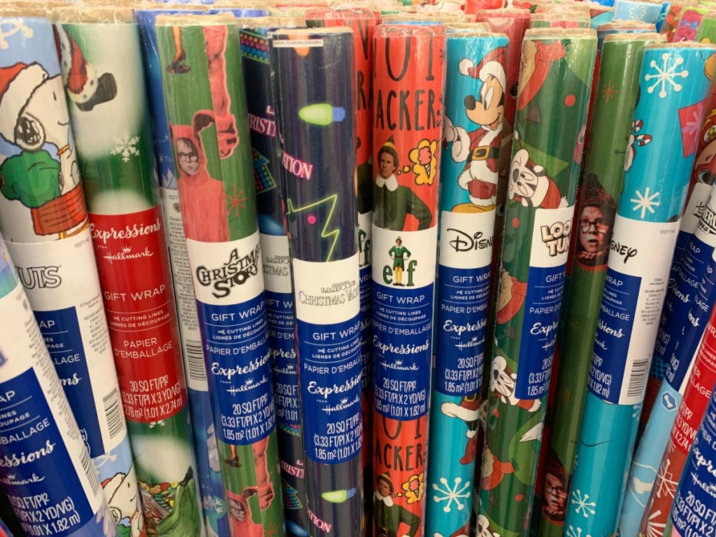 rolls of Christmas wrapping paper at Dollar Tree