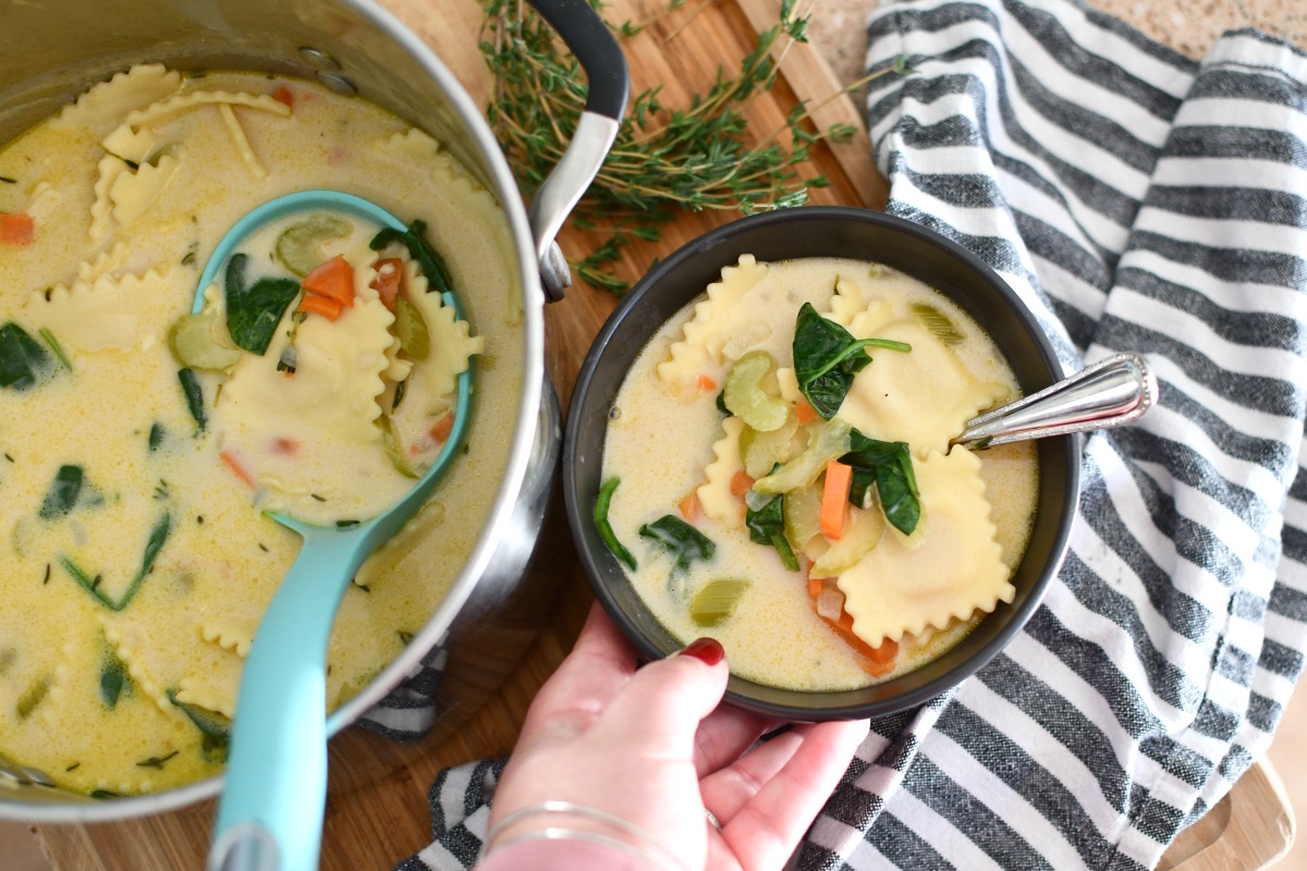 dishing up easy creamy ravioli soup recipe