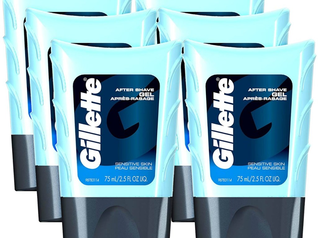 six men's after shave gel bottles