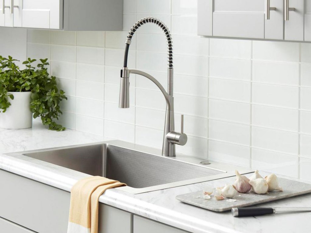 picture of Glacier Bay Brenner onlinemercial Style Single-Handle Pull-Down Sprayer Kitchen Faucet in Stainless Finish