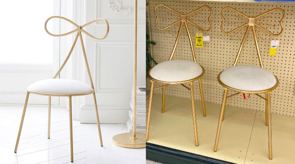 side by side onlineparison of gold and white bow chairs