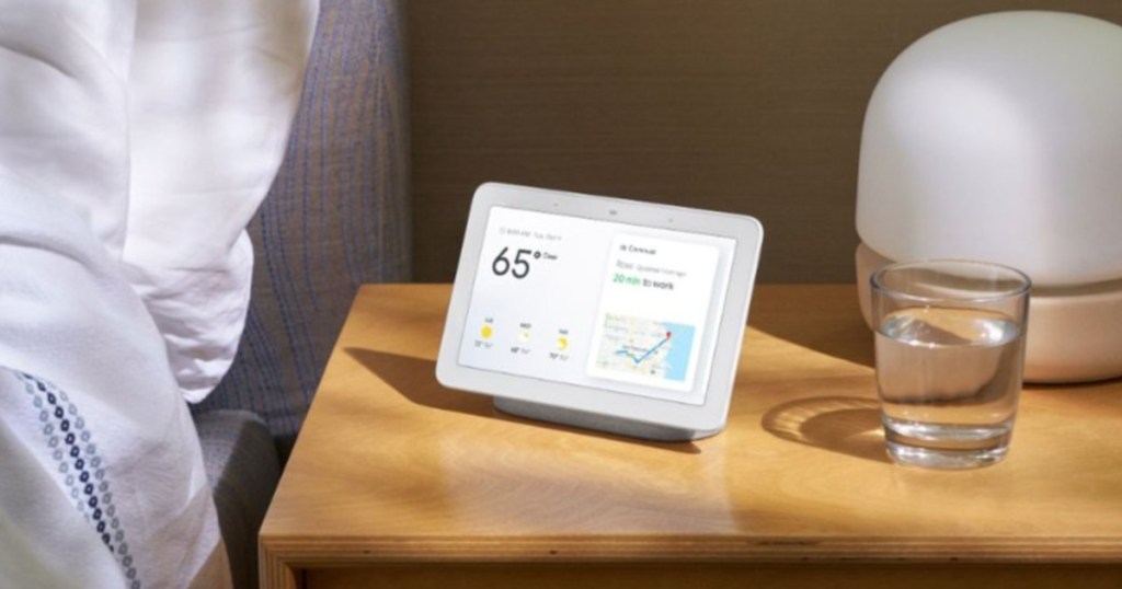 google nest hub on nightstand by bed