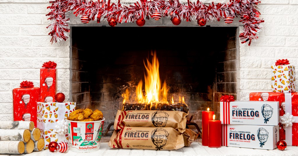 KFC firelog in fireplace at Christmas