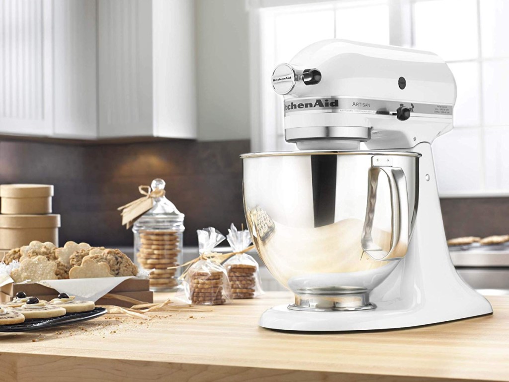 white kitchenaid stand mixer on counter in kitchen