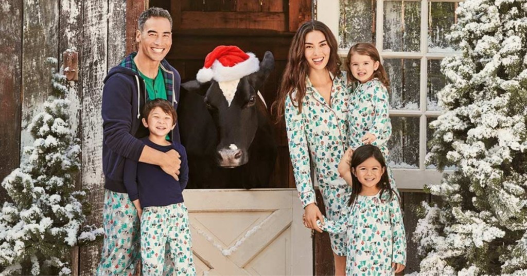 family wearing matching pajamas