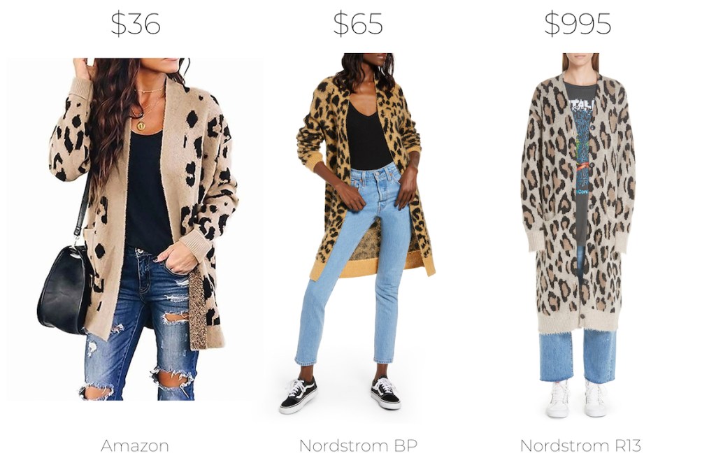 stock photos of three women wearing leopard cardigans