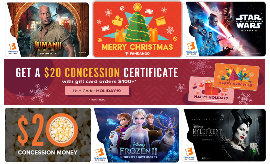 Fandango gift card promotion for $20 concession certificate with order $100+