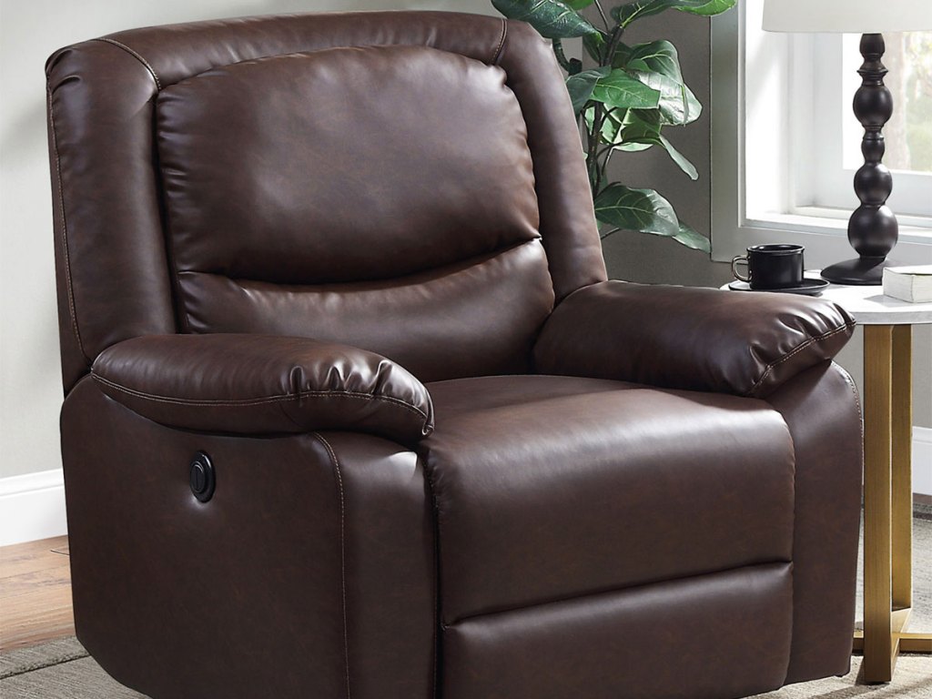 Serta Push-Button Power Recliner with Deep Body Cushions in upright position in living room