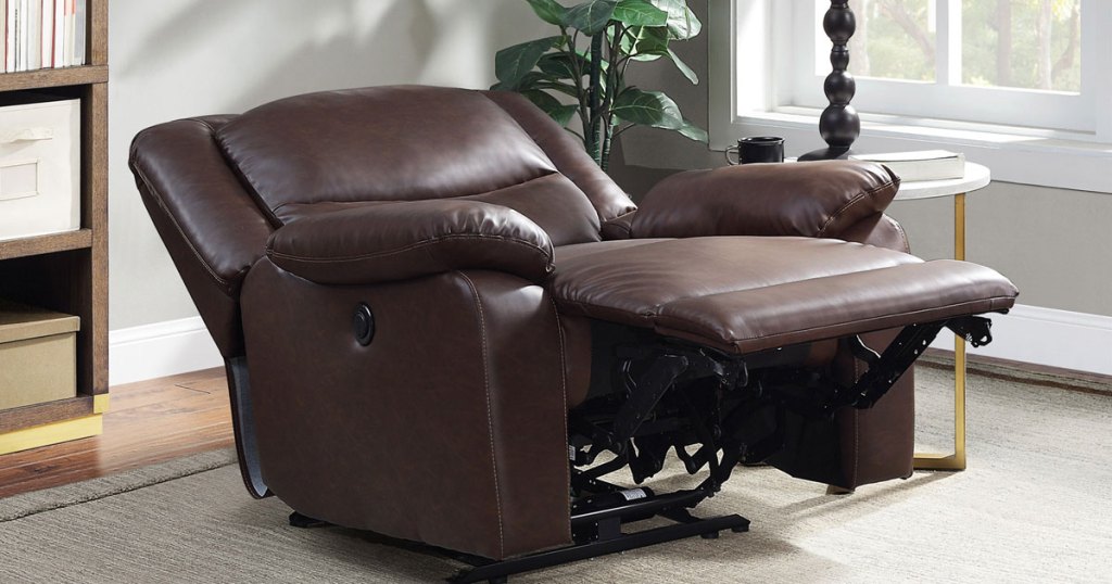 Serta Push-Button Power Recliner with Deep Body Cushions in recline mode in living room