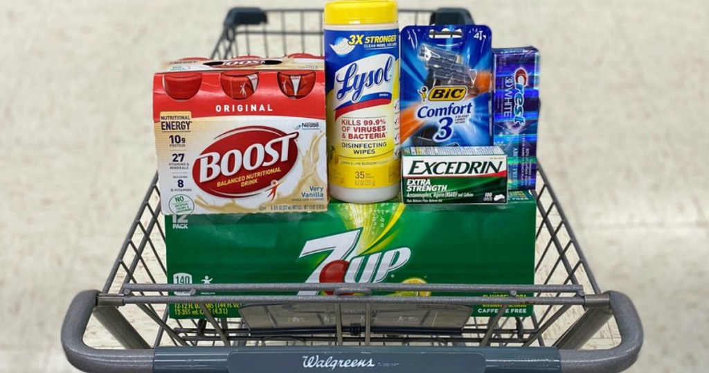 shakes, wipes, razors, pain reliever, soda and toothpaste in a shopping cart