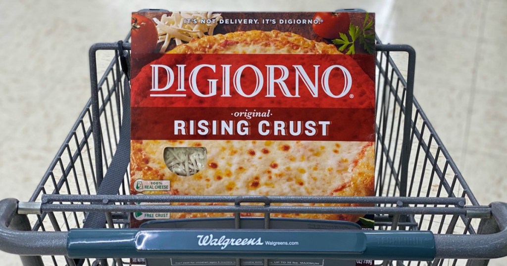 frozen pizza in a shopping cart