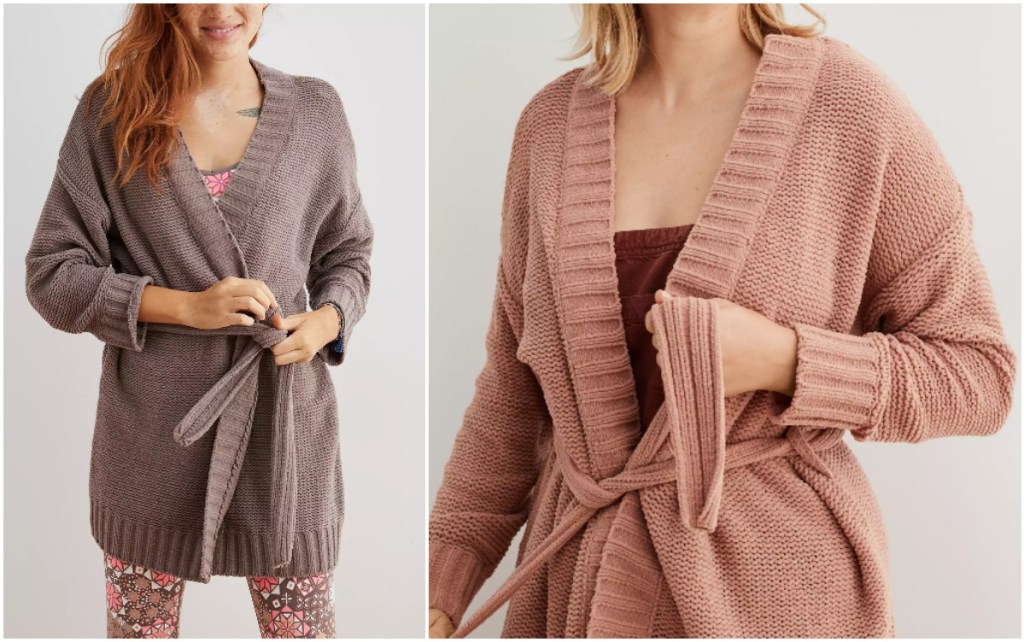 side by side pics of women wearing pink and brown Aerie Chenille Belted Cardigans