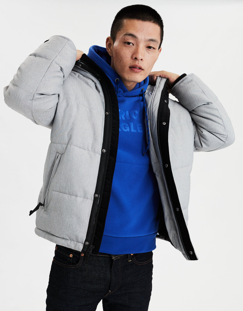 Young man wearing American Eagle Men's Puffer Jacket