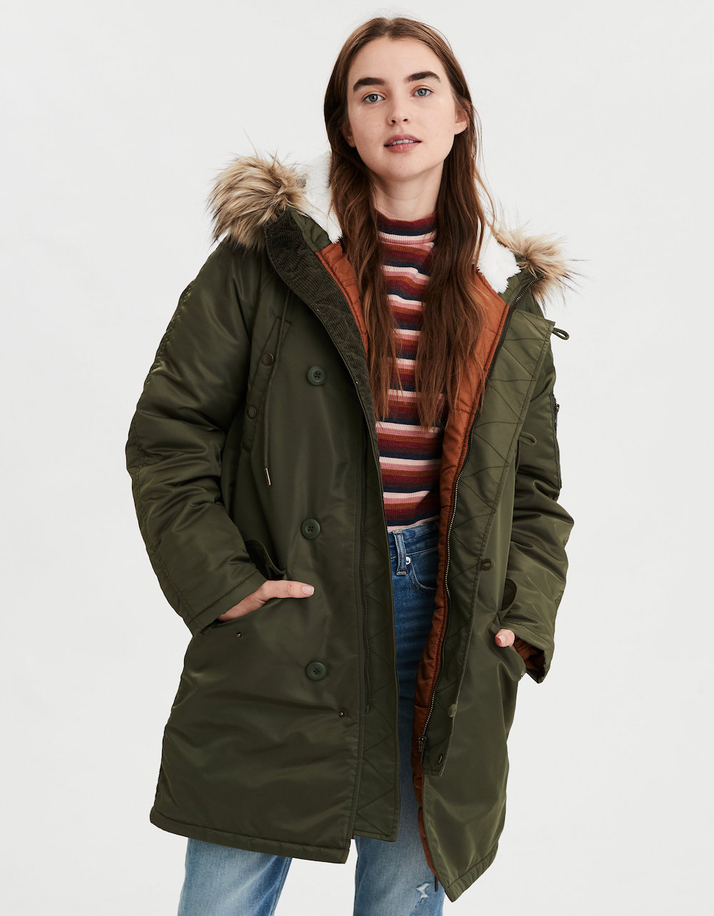 Woman Wearing American Eagle Women's Silk Parka