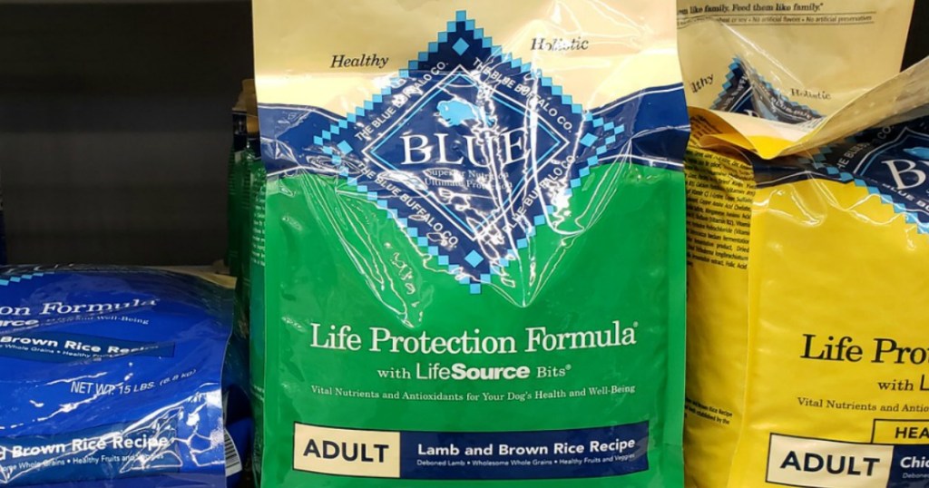 Small bag of Blue Buffalo Dog Food on store shelf