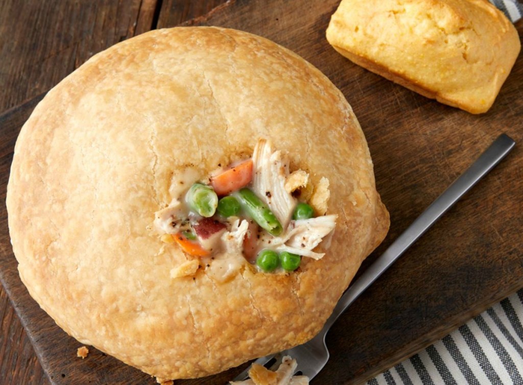 Boston Market chicken pot pie with forkfull