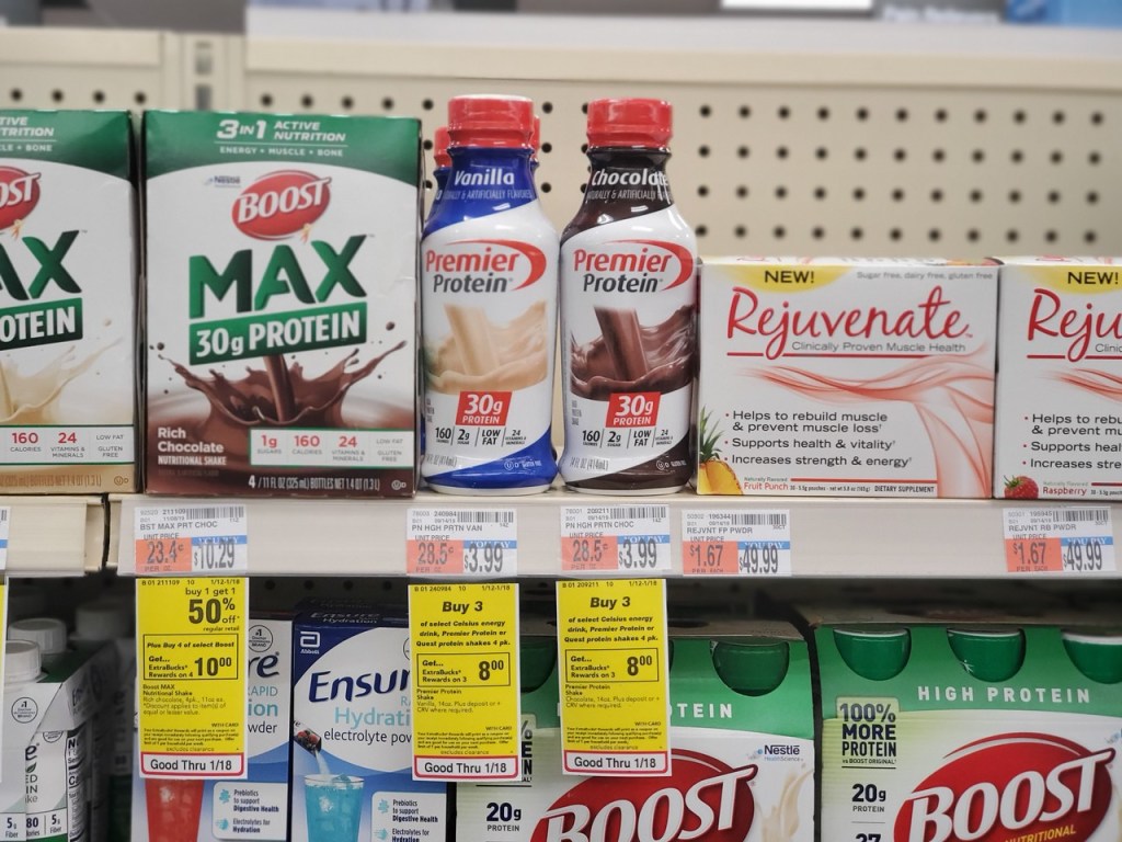 Premier Protein Shake Singles on CVS Shelf with sale tags