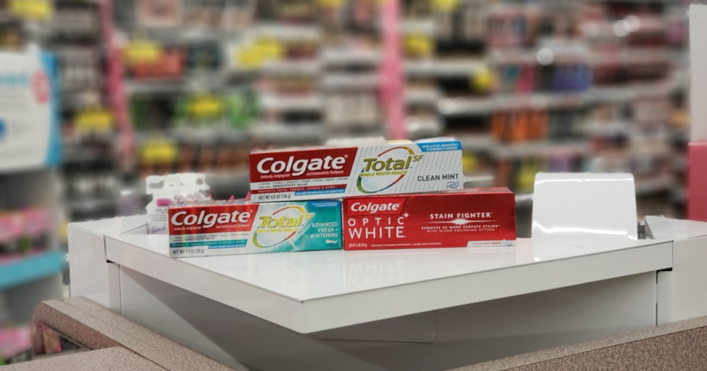 colgate total clean mint and optic white on display in store