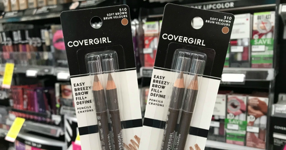 CoverGirl brow pencils in front of shelf 