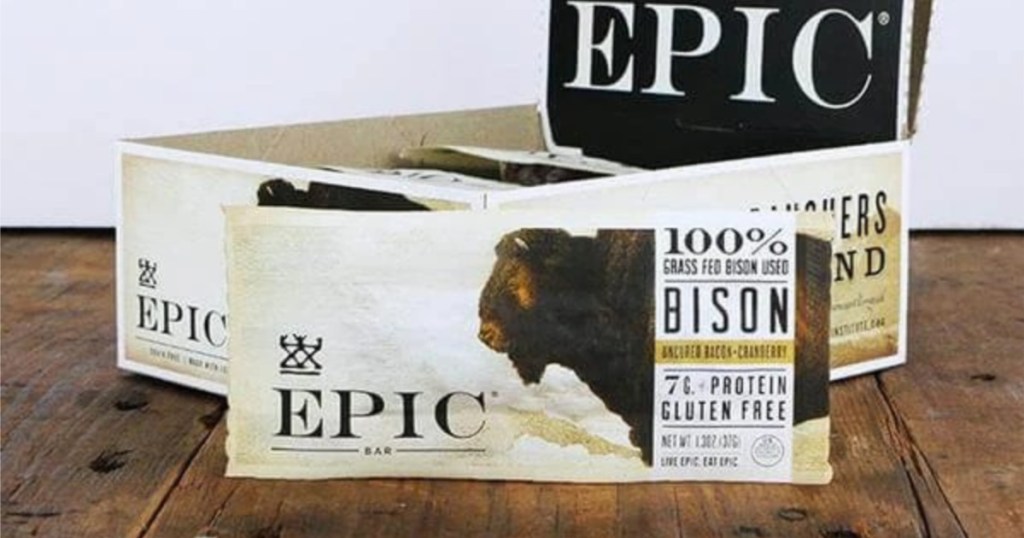 box of EPIC Bison Bacon Cranberry Bars with bar in front of it