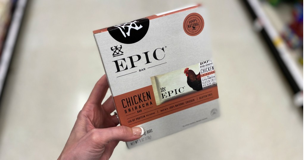 woman hand holding Epic Chicken Sriracha in target