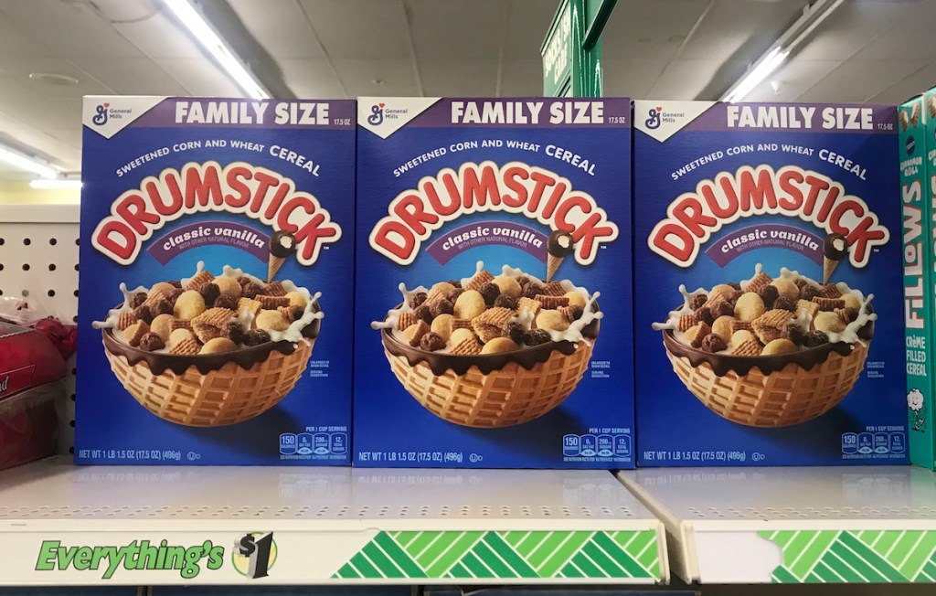 General Mills Drumstick Cereal on shelf at Dollar Tree