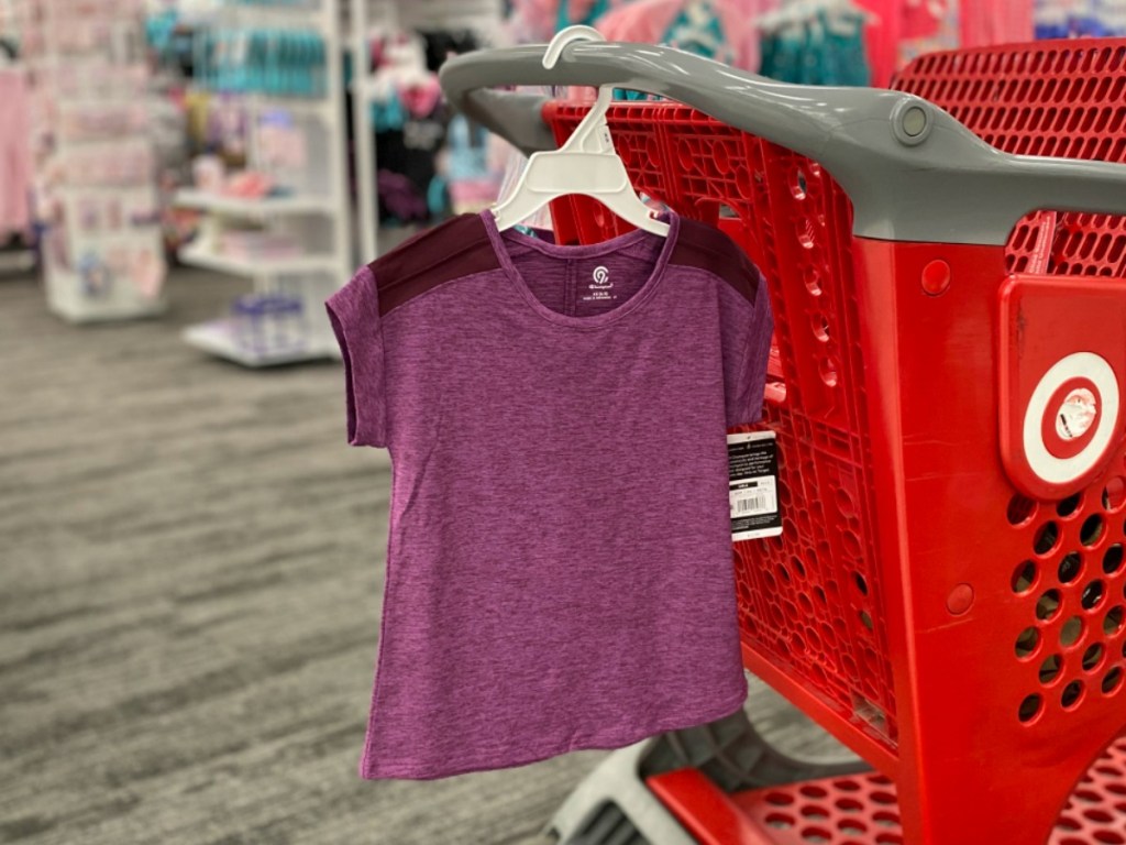 Girls C9 Athletic tee hanging on a red Target shopping cart