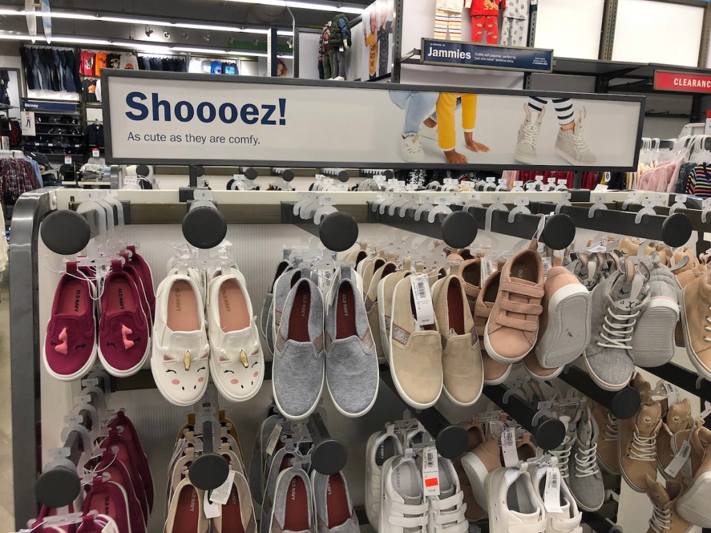 shelf with girls shoes at old navy