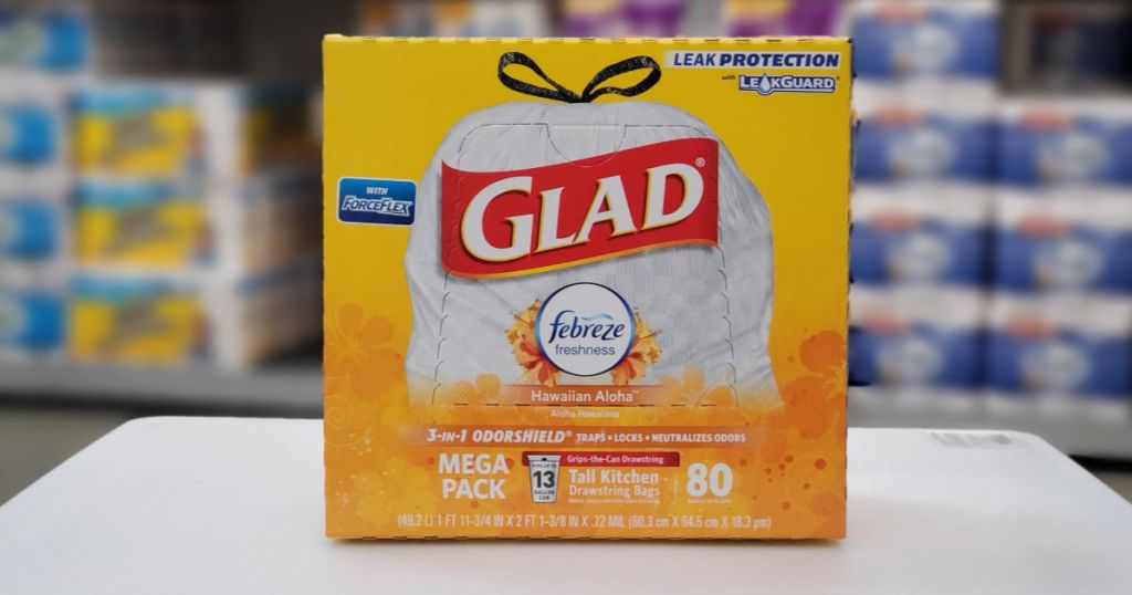 box of Glad febreze hawaiian aloha trash bags in store