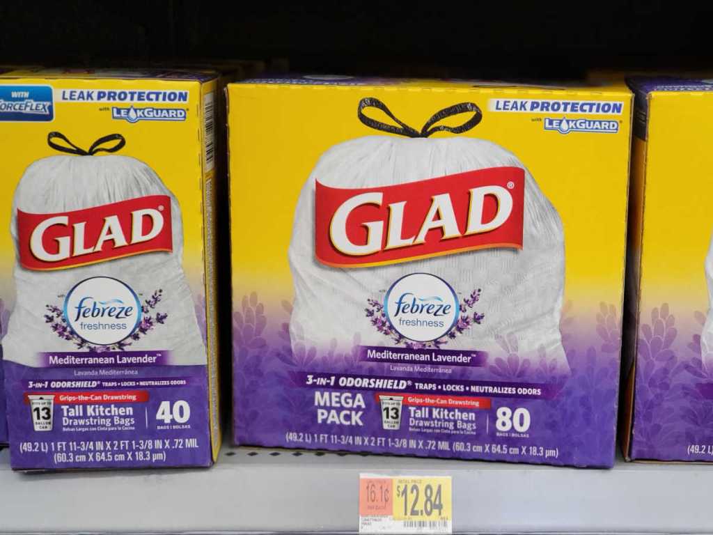 boxes of Glad febreze mediterranean lavender trash bags