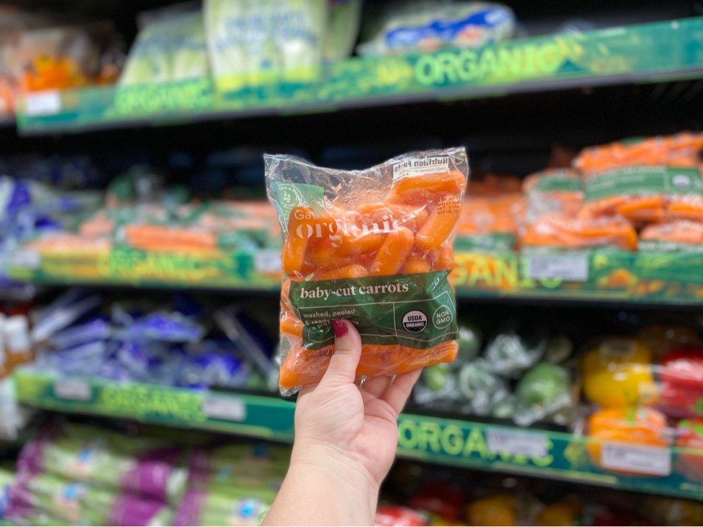 hand holding organic carrots with vegetable in background