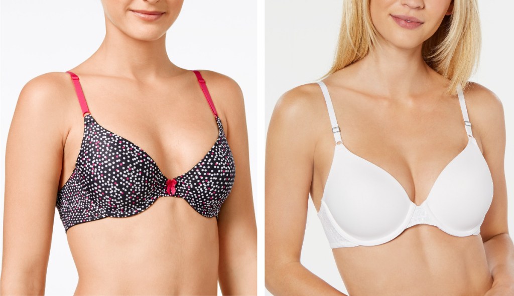 woman wearing dotted bra and woman wearing white bra