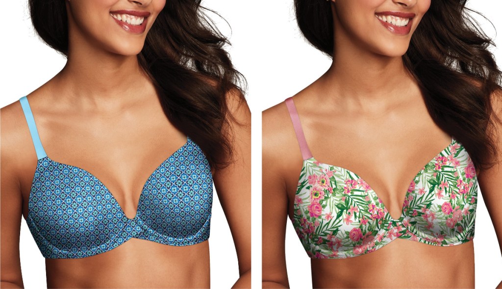 woman wearing blue flowers bra and flower print bra