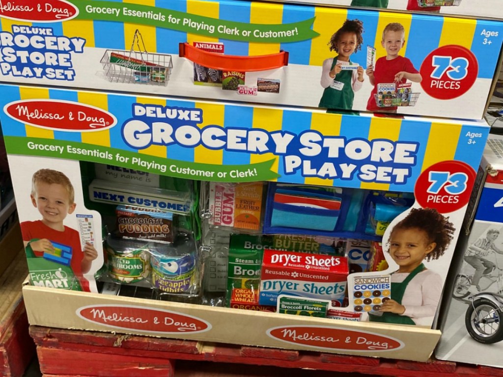 Large box of grocery store play accessories